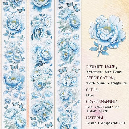 PET Tape Stickers for Journaling - Blue Flower Junk Journal Supplies Scrapbooking Tapes, Aesthetic Peony Flower Bullet Scrapbook Journal Stickers Tape, Decorative Tapes for Art Crafts