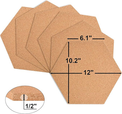 SUNGIFT Hexagon Cork Board Tiles Self Adhesive 6 Pack - 1/2" Thick Corkboards for Wall 12" x 10.2" Memo Boards Pin Board Decorative Bulletin Board for Office Home Kitchen - 50 Multi-Color Push Pins