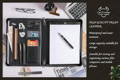 Personalized Leather Portfolio Padfolio with Zipper, Professional Business Portfolio with A4/US letter Writing Pad holder for Resume, Interview, Leather Portfolio for Men and Women, Black, Customized