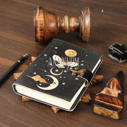 Handmade Leather Journal, Black, Sun & Moon Design, 7 x 5 Inch, 200 Unruled Pages, Hand Embossed, White Paper, Brass Clasp Lock, Vintage Notebook Diary, Sketchbook for Artists & Writers