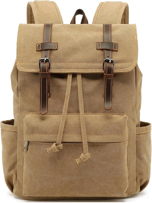 HuaChen Vintage Canvas Backpack, Mens Travel Rucksack for Laptop Hiking Bag (M83_Khaki)