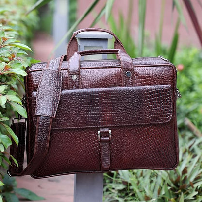 Crocodile Embossed leather bag for men, 5 Zipper Pockets with Spacious Compartments.,12 x 16 x 4 inches.