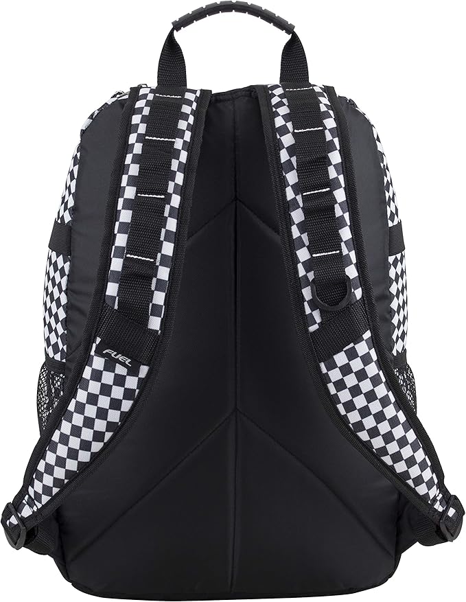 FUEL Hiking Checkered Black White Backpack for Women Men Terra Sport, Travel, College, Gym, Work with Laptop Sleeve, Bungee, 18 Inches