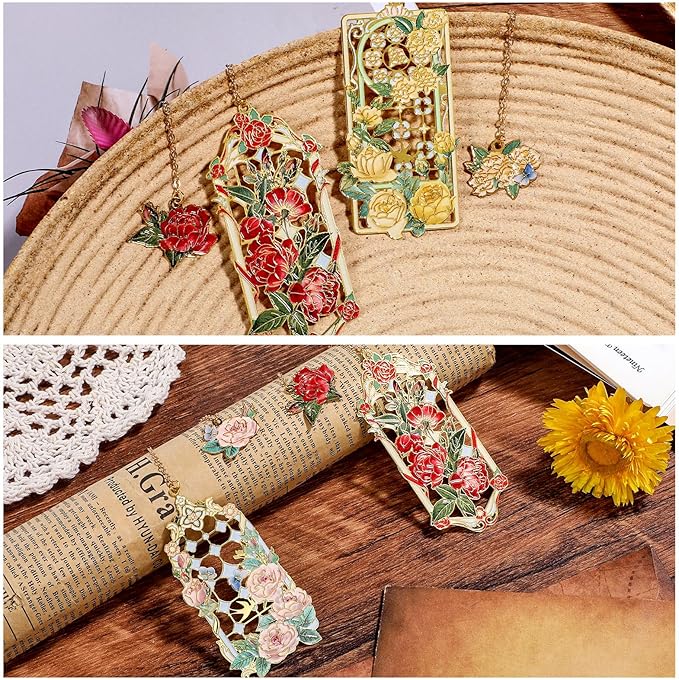 2 Pcs Metal Rose Bookmarks, Beautiful Book Marks for Reading Women Vintage Bookmarks with Metal Chain Pretty Bookmark Gift for Book Lovers Readers Birthday Christmas Gifts(Red, Yellow Roses)