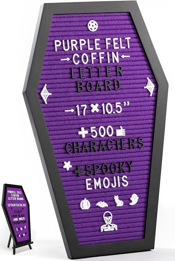 Coffin Letter Board Purple With Spooky Emojis +500 Characters, and Wooden Stand - 17x10.5 Inches - Gothic Halloween Decor Spooky Gifts Decorations