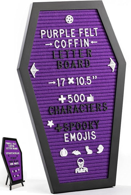 Coffin Letter Board Purple With Spooky Emojis +500 Characters, and Wooden Stand - 17x10.5 Inches - Gothic Halloween Decor Spooky Gifts Decorations