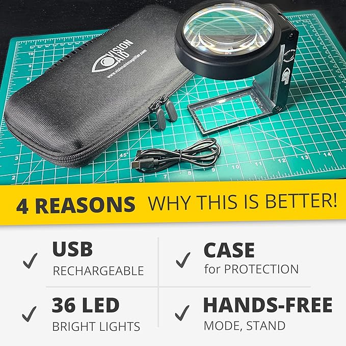 30x Hands-Free Magnifying Glass with USB Rechargeable 36 LED Lights, Storage Case | 40x Loupe Magnifier with Stand for Reading Coins Low Vision