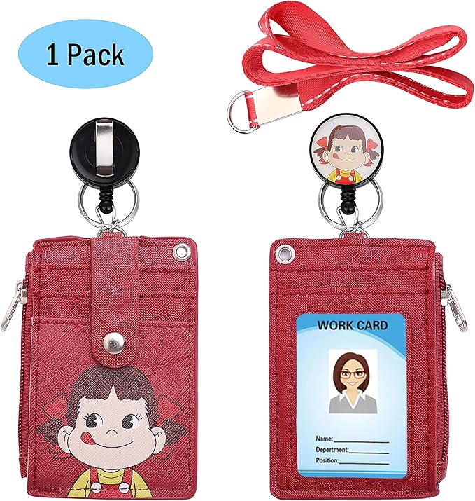 Cute ID Badge Holder Retractable Lanyard Reel Clip with Heavy Duty Carabiner, 5 Card Slots in 2 Sided with Key Ring and Zipper for Women Students Teens Girls Office Staff (Red Girl)