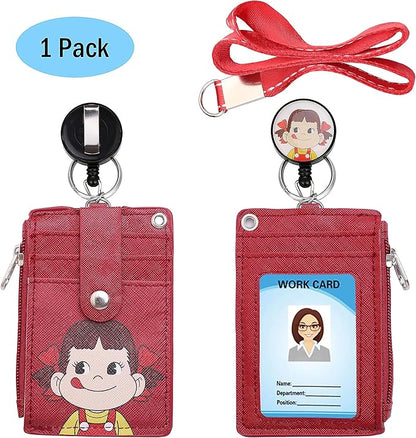 Cute ID Badge Holder Retractable Lanyard Reel Clip with Heavy Duty Carabiner, 5 Card Slots in 2 Sided with Key Ring and Zipper for Women Students Teens Girls Office Staff (Red Girl)