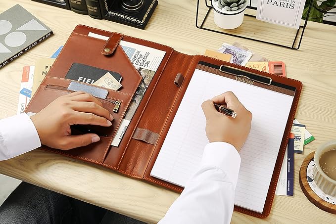 Personalized Leather Portfolio for Men, Engraved Leather Clipboard Portfolio Binder, Custom Leather Resume Padfolio for Women, Christmas Gift for His/Her(Clipboard, Brown-Custom)