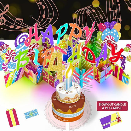 Gumry 4TH Musical Birthday PopUp Card, Blowable Colorful Light Candle 3D Cards with Song, Applause Cheers Sound, Greeting Cards Birthday Gifts Decorations for Daughter Son Turning 4 Years Old