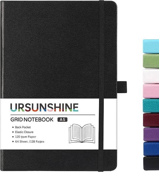 Graph Grid Paper Notebook/Journal - Classic Journal/Notebook with Ribbon Divider, Hardcover with Thick Paper, 5.3" x 8.26", Banded + Pen Holder +Inner Pocket - Black