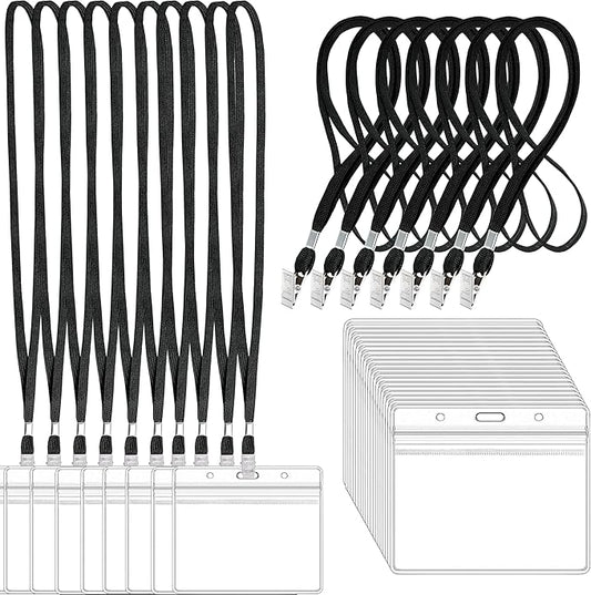 100Pcs Clear Plastic Horizontal Name Tags Badge ID Card Holders and 100Pcs Black Lanyards with Clip lanyards for id Badges (Black)
