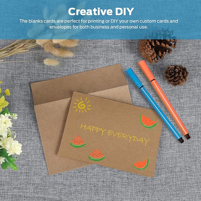 Blank Cards and Envelopes 100 Pack, Ohuhu 5 x 7 Heavyweight Kraft Paper Folded Cardstock and A7 Envelopes for DIY Greeting Cards, Wedding, Birthday, Invitations, Shower, Thank You Cards & All Occasion