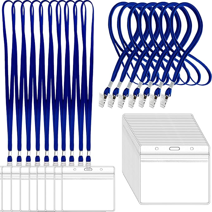 100Pcs Clear Plastic Horizontal Name Tags Badge ID Card Holders and 100Pcs Lanyards with Clip (Blue)