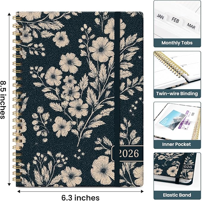 2026 Planner, Aesthetic Weekly and Monthly Planner for Women, Jan 2026 to Dec 2026, Hardcover 2026 Calendar Book with Monthly Tabs, Inner Pocket, Perfect for Office Home School - A5 (6.3" x 8.5"), Cream Petals