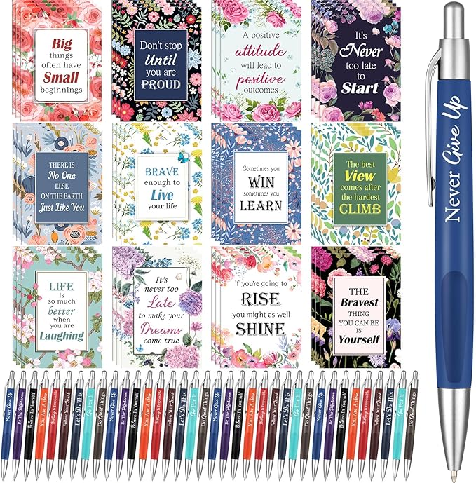 Yeaqee 72 Pcs Motivational Pens Notepads Gifts Set Inspirational Quote Ballpoint Pen Small Notebook Mini Journal Bulk Gifts for Teacher Coworker Gifts Women Office School(Inspiring)
