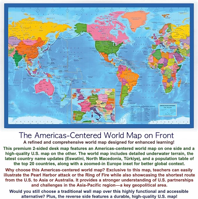 2-Sided Desk Map with Durable Lamination (1 Pack : US & US Centered World)