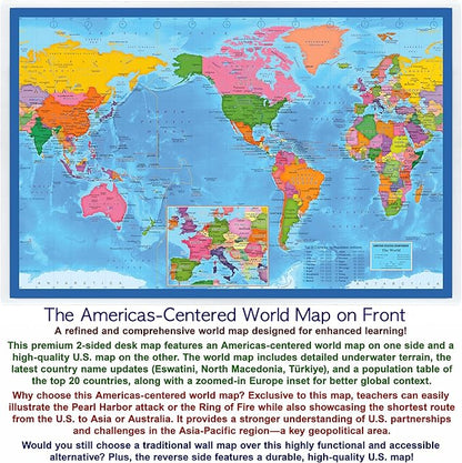 2-Sided Desk Map with Durable Lamination (2 Pack: US/US Centered World; Children's US/US Centered World)