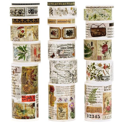 18 Rolls Vintage Washi Tape Pack Retro Arts Adhesive Tapes Wide Monologue Decorative Masking Tape Sets for Craft, Kids, Scrapbook, DIY, Gift Wrapping (Misty Forests)