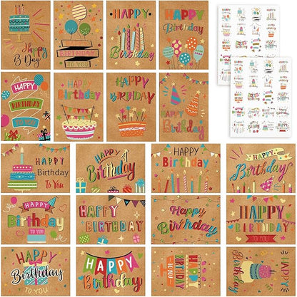 200 Set Unique Happy Birthday Card Bulk with Envelope and Sticker Blank Greeting Card Large 5 x 7 Inch Suitable for Office Kids Women Men, 20 Styles(Retro Style)