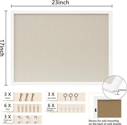 Cork Board with Linen White,Bulletin Board 23"x17" Hanging Corkboards for Office Home School Message Board or Vision Board Decoration.