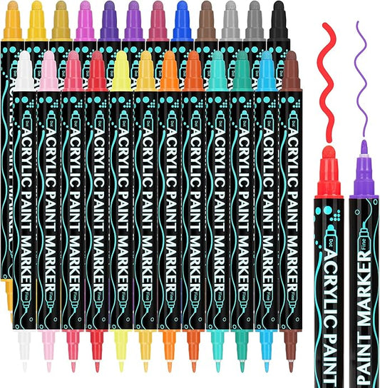SMOOTHERPRO Acrylic Paint Markers, 24 Colors Dual Tip Acrylic Paint Pens for Wood, Canvas, Stone, Pumpkins, Rock Painting, Glass, Plastic, Ceramic, DIY Crafts Art Supplies