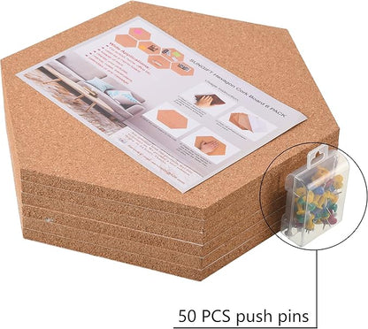 SUNGIFT Hexagon Cork Board Tiles Self Adhesive 6 Pack - 1/2" Thick Corkboards for Wall 12" x 10.2" Memo Boards Pin Board Decorative Bulletin Board for Office Home Kitchen - 50 Multi-Color Push Pins