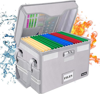 DocSafe File Box Fireproof Document Box with Lock,File Storage Organizer Box with Insert Pockets,Collapsible Portable Filing Box Home Office File Cabinet with Handle for Hanging Folder,Silver,2 Pack