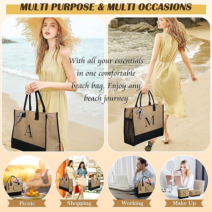 YOOLIFE Christmas Gifts for Women - Initial Jute Tote Bag & 2 Makeup Bags Birthday Gifts for Women Mom Teacher Friend Sister