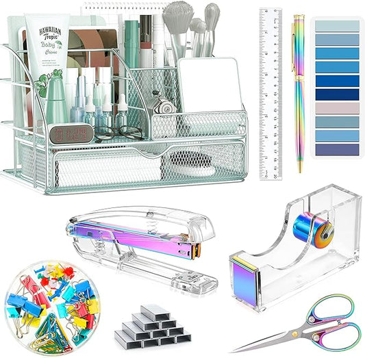 Dream Color Desk Accessories, Office Desk Organizers and Accessories Supplies with Mesh Desk Organizer, Tape Dispenser, Stapler, Staples, Ballpoint Pen, Clips Set, Ruler, Scissor, Sticky Tabs