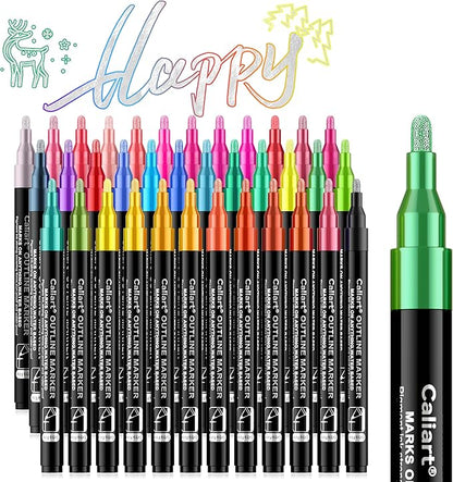 Caliart Easter Basket Stuffers, 36-Color Shimmer Double-Line Drawing Doodle Outline Markers, Teen Girl Gifts Trendy Stuff, Glitter Pens Set Classroom Art Supplies for 4-6-8-10-12 Year Old