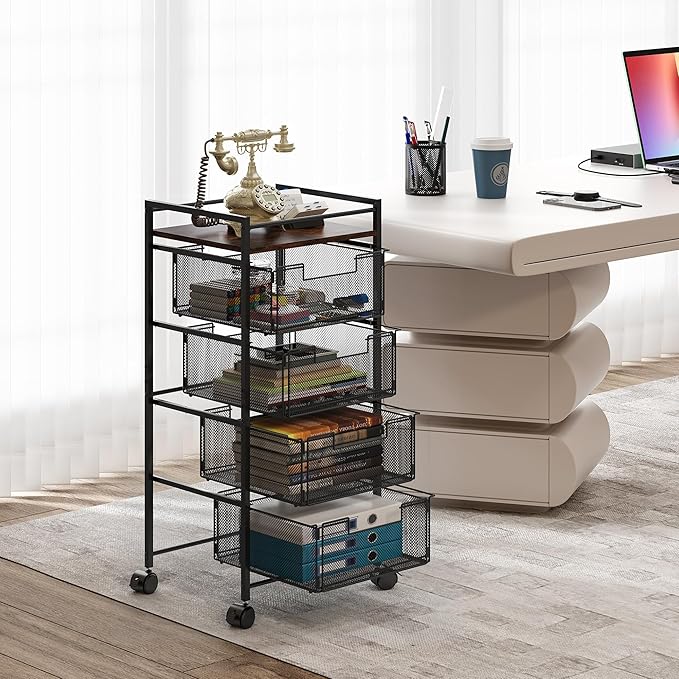 EasyPAG Rolling File Cabinet 4 Drawers Metal File Organizer Storage Cart Mobile File Cart with Removable Drawers with 4 Swivel Casters Rolling Wheels Cart, Black