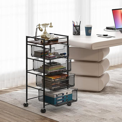 EasyPAG Rolling File Cabinet 4 Drawers Metal File Organizer Storage Cart Mobile File Cart with Removable Drawers with 4 Swivel Casters Rolling Wheels Cart, Black