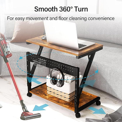 Computer Tower Cart - Height Adjustable PC Stand, 2-Tier ATX-Case CPU Holder Home Office Gaming Desk Accessories with Rolling Lockable Wheels, Laptop Table Standing Computer Desk, Rustic Brown