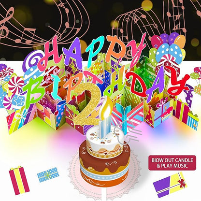 Gumry 2ND Musical Birthday PopUp Card, Blowable Colorful Light Candle 3D Cards with Song, Applause Cheers Sound, Greeting Cards Birthday Gifts Decorations for Daughter Son Turning 2 Years Old