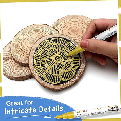 5 Acrylic Gold Paint Pen Metallic - Gold Marker Metallic Paint for Wood, Fabric, Canvas, Leaf, Tire, Metal, Glass - Permanent Pen Fine Tip, Thin Point & Jumbo (1mm, 3mm, 6mm, 10mm, 15mm)