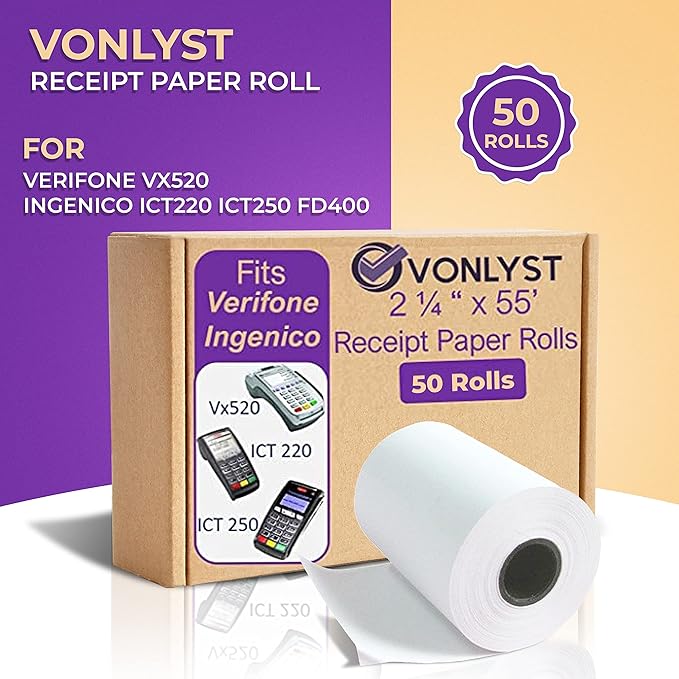 Thermal Paper Roll 2 1/4 x 55 for Verifone Vx520 Ingenico ICT220 ICT250 FD400 (50 rolls)