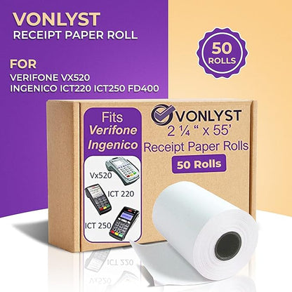 Thermal Paper Roll 2 1/4 x 55 for Verifone Vx520 Ingenico ICT220 ICT250 FD400 (50 rolls)