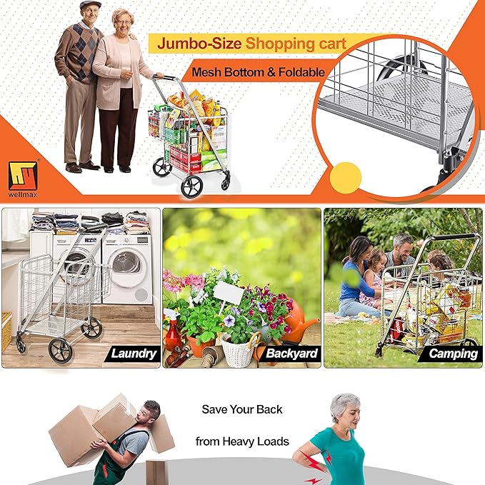 Wellmax Shopping Cart, Metal Grocery Carts For Groceries, Folding Cart For Convenient Storage And Holds Up To 160lbs, Dual Swivel Wheels and Extra Basket, Silver