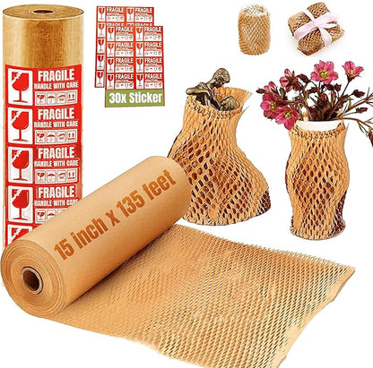 Honeycomb Packing Paper 15 Inch x 135 Feet with 30 Fragile Stickers – Eco-Friendly Honeycomb Wrap for Packing Fragile Items – Recyclable Protective Wrapping Roll for Moving, Shipping, & Storage