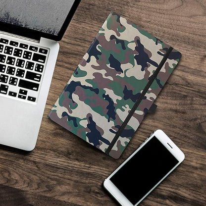 RICCO BELLO Wide Ruled Hardcover Diary Journal School Notebook for Kids, Tweens - Bookmark, Band Closure, Storage Pocket, 5.7 x 8.4 Inches, 192 Pages, (Green Camouflage)