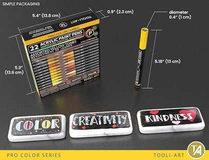 Acrylic Paint Pens 22 Yellow & Brown Tones Assorted Pro Color Series Markers Set 0.7mm Extra Fine Tip for Rock Painting, Glass, Mugs, Wood, Metal, Canvas, Projects, Non Toxic, Waterbased, Quick Drying