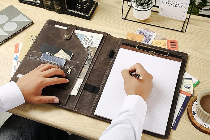 Personalized Leather Portfolio for Men, Engraved Leather Clipboard Portfolio Binder, Custom Leather Legal Pad Padfolio, Christmas Gift for His/Her (Clipboard, Grey-Standard)