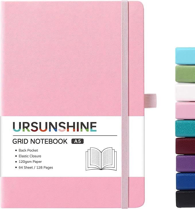 Graph Grid Paper Notebook/Journal - Classic Journal/Notebook with Ribbon Divider, Hardcover with Thick Paper, 5.3" x 8.26", Banded + Pen Holder +Inner Pocket - Pink