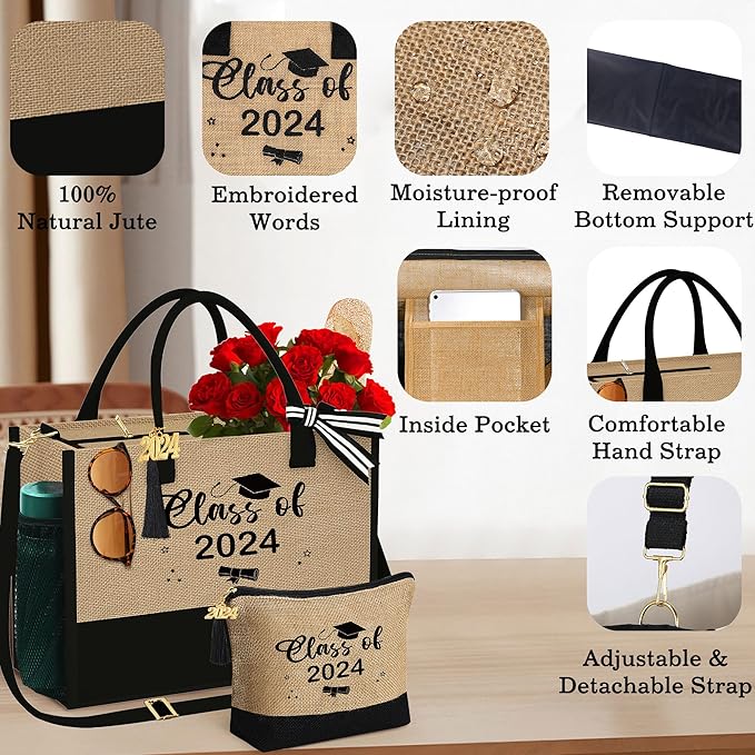 YOOLIFE Christmas Gifts for Women - Initial Jute Tote Bag & Makeup Bag, Birthday Gifts for Women Her Mom Teacher Friend