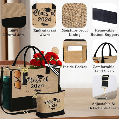 YOOLIFE Christmas Gifts for Women - Initial Jute Tote Bag & Makeup Bag, Birthday Gifts for Women Her Mom Teacher Friend