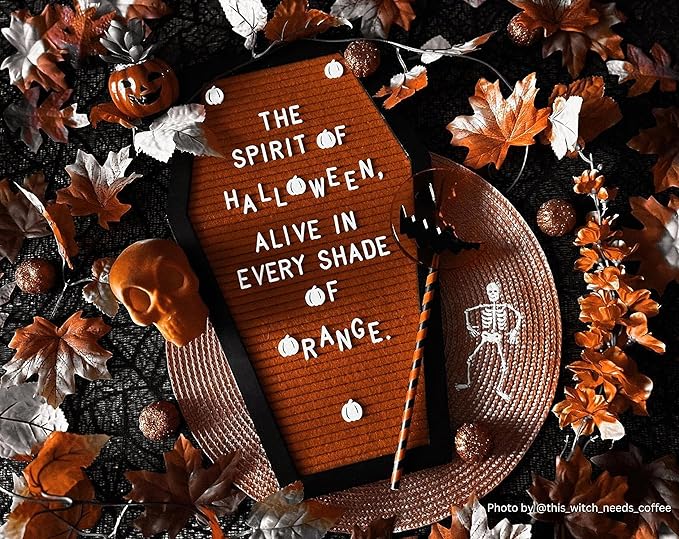 Coffin Letter Board Orange With Spooky Emojis +500 Characters, and Wooden Stand - 17x10.5 Inches - Gothic Halloween Decor Spooky Gifts Decorations