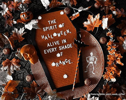 Coffin Letter Board Orange With Spooky Emojis +500 Characters, and Wooden Stand - 17x10.5 Inches - Gothic Halloween Decor Spooky Gifts Decorations
