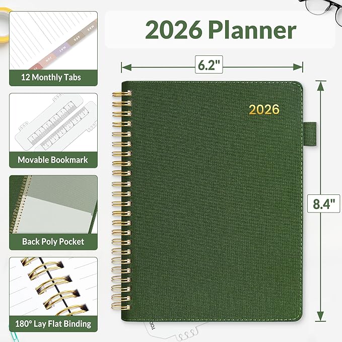 SUNEE 2026 Weekly & Monthly Planner 6.4"x8.5"- 12 Month (January 2026 - December 2026), Vegan Leather Cover, Pocket, Bookmark, Notes, Monthly Tab, Deep Green
